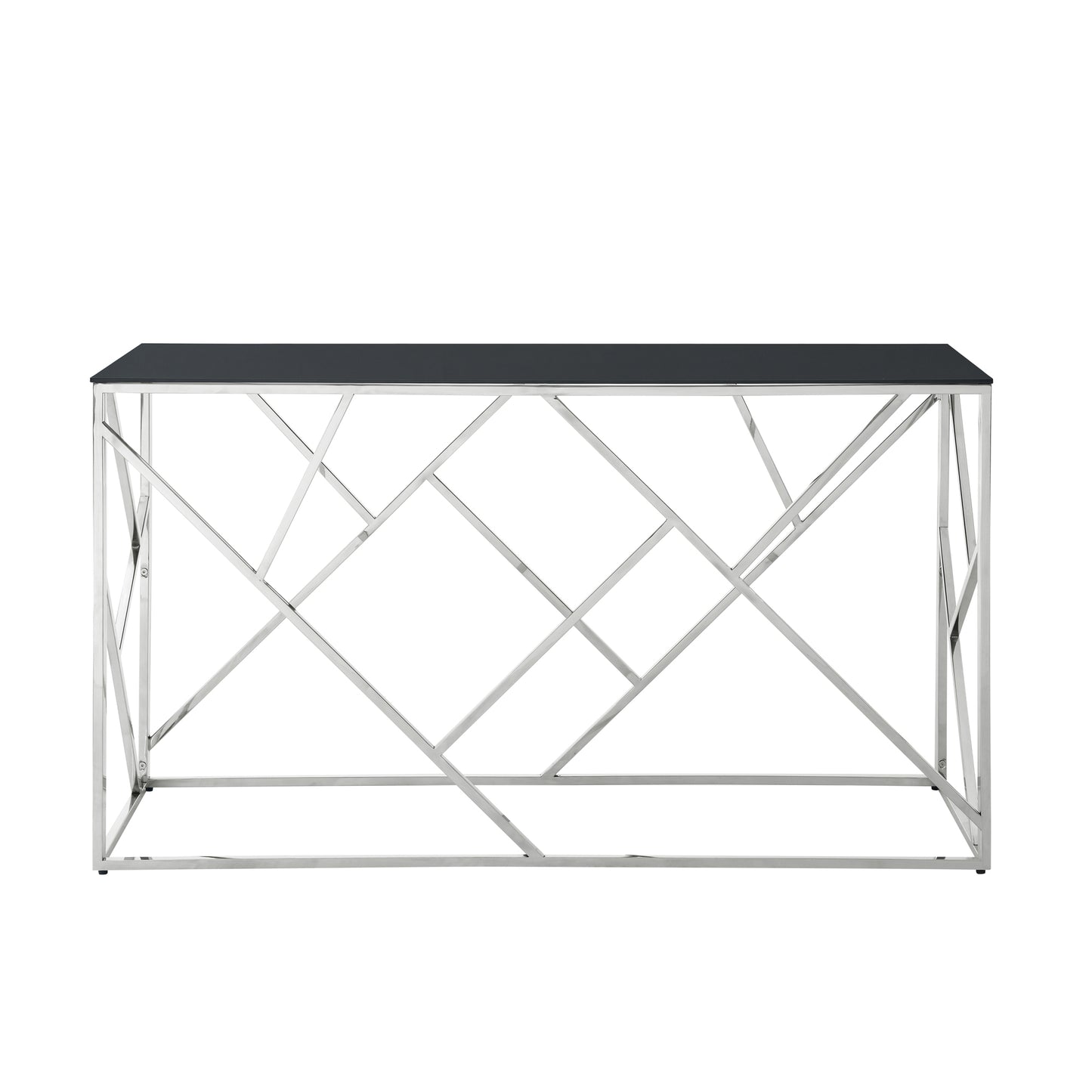 Geometric chrome console table with a dark grey glass top for stylish entryways