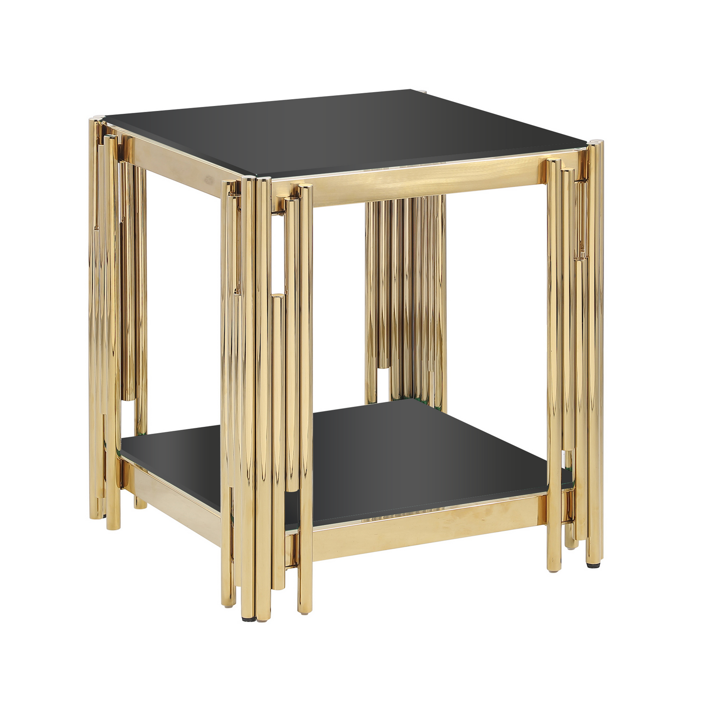 Gold accent end table with black glass top and shelf modern design
