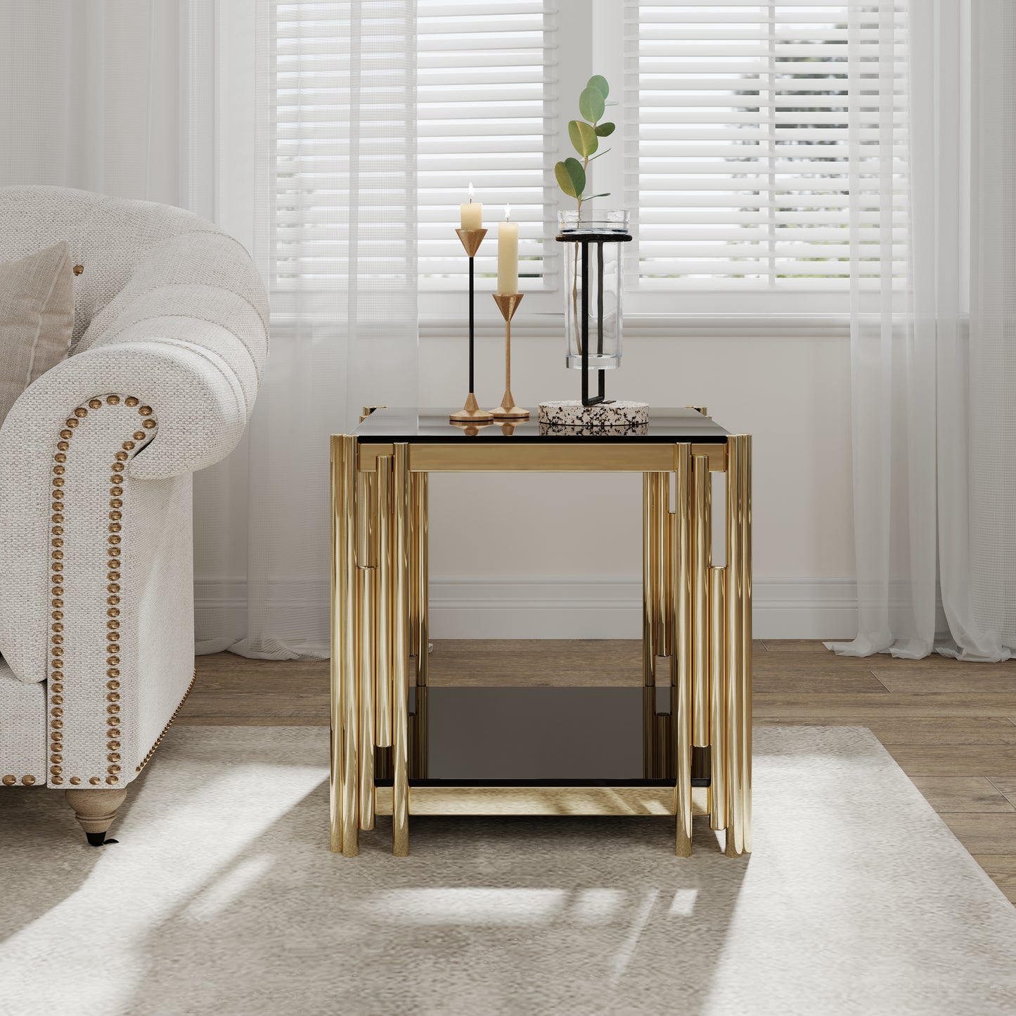 Modern gold metal end table with glass top and ribbed legs