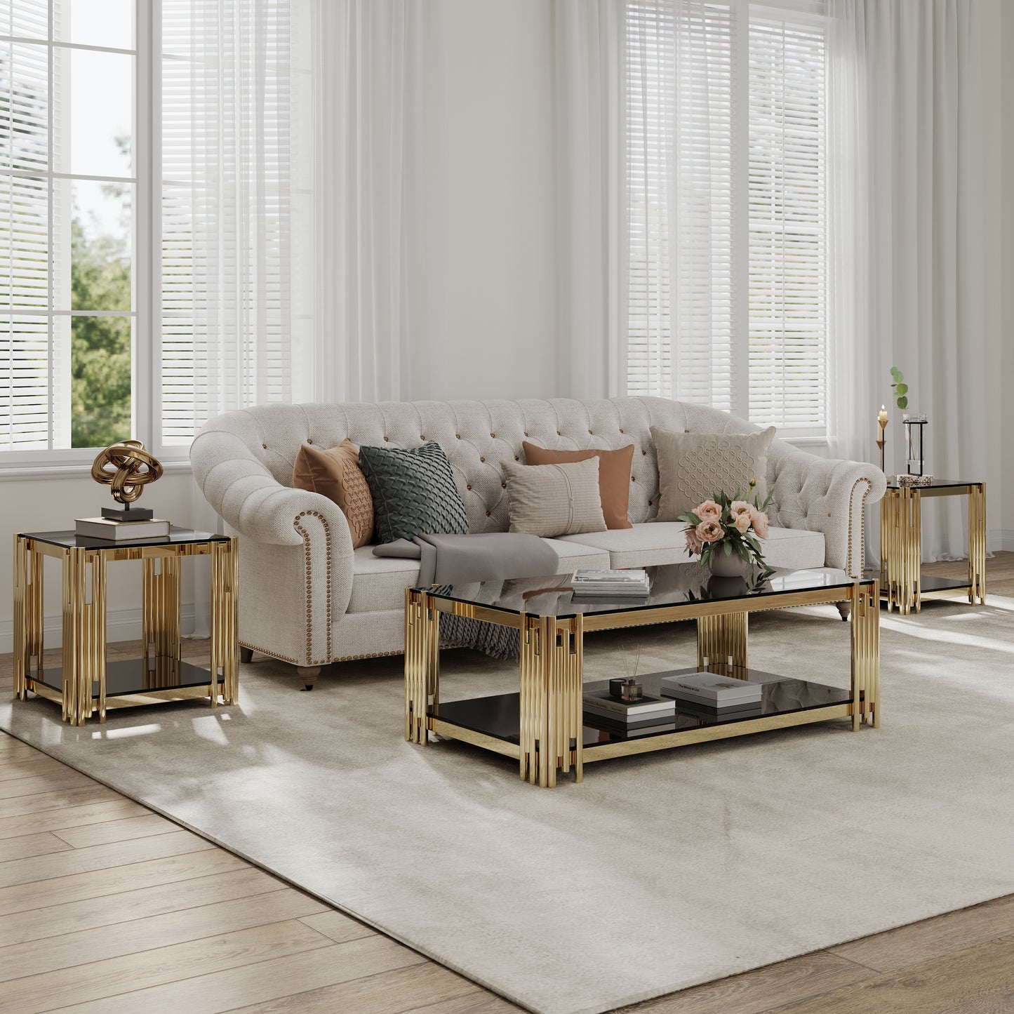 Elegant goldfinished coffee table with black glass top perfect for modern living rooms