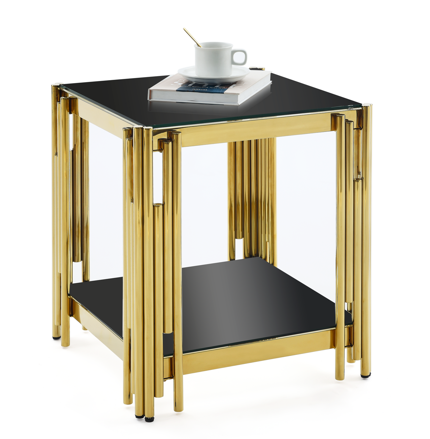 Sleek gold end table with black glass top and shelf featuring fluted brass legs
