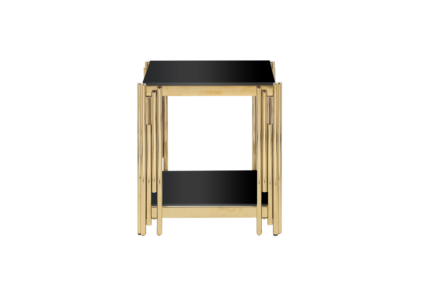Modern nesting side tables with goldfinished metal frames and black glass tops