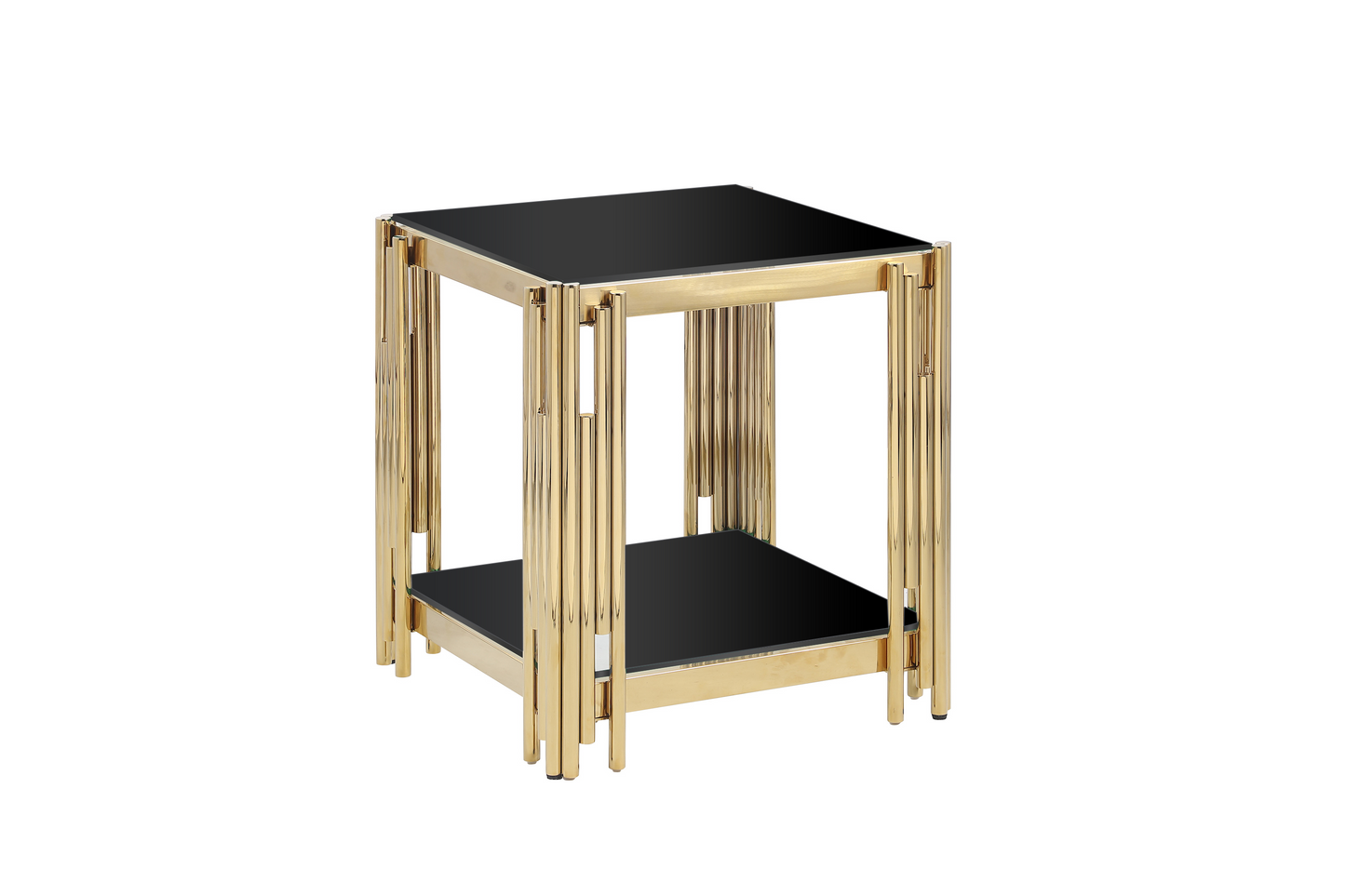Modern gold accent table with black glass top and shelf featuring ribbed legs for a unique design