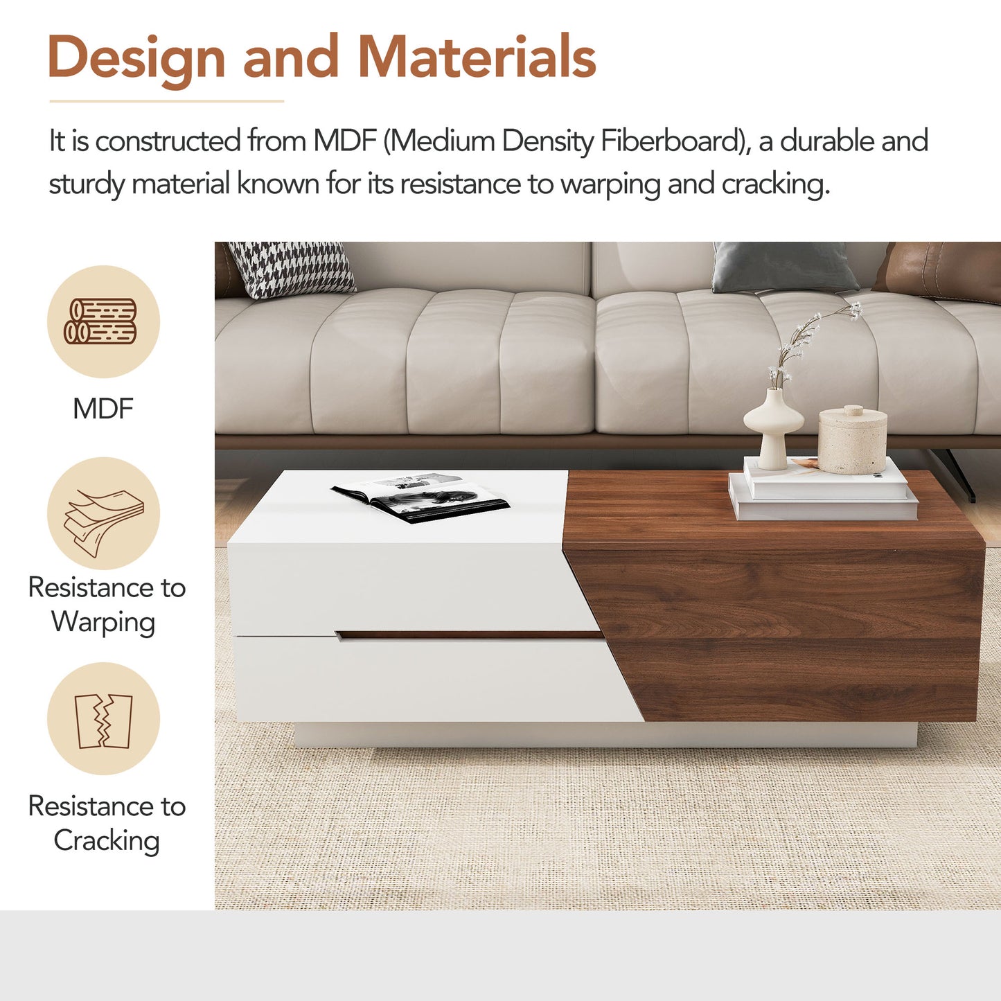 Modern white and wood grain coffee table with minimalist design perfect for living rooms