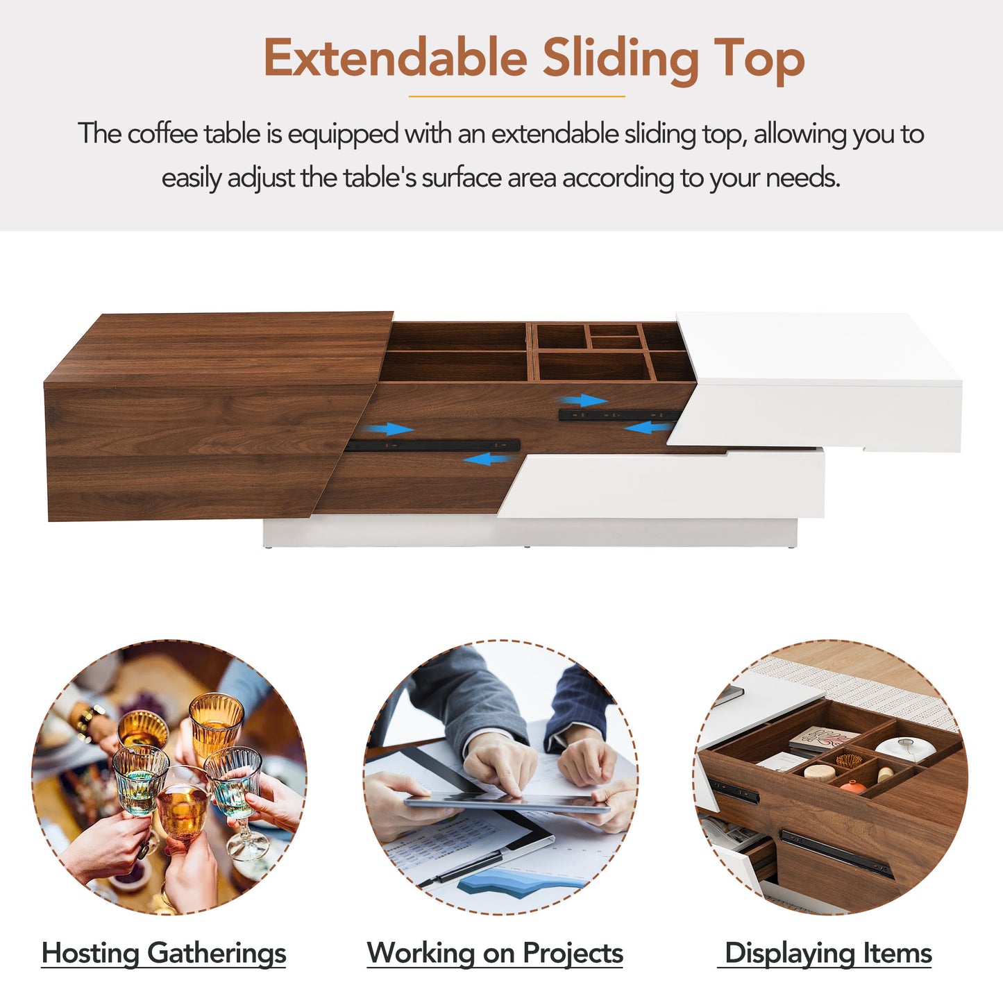 Extendable coffee table with dark wood finish and white sliding top