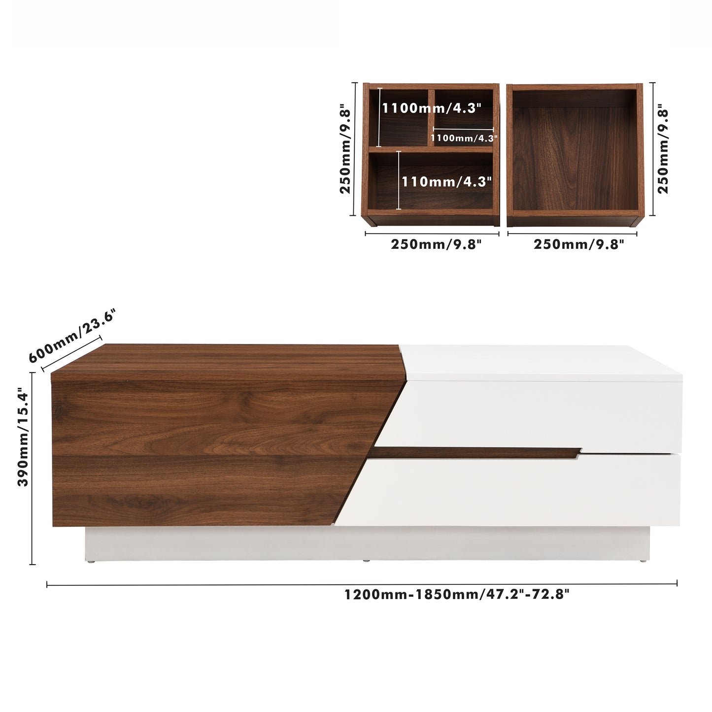 Modern white and walnut veneer coffee table with ample storage space