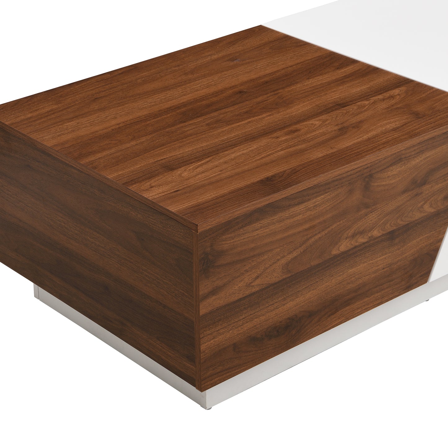 Modern walnut veneer coffee table with white accents and sleek metal legs