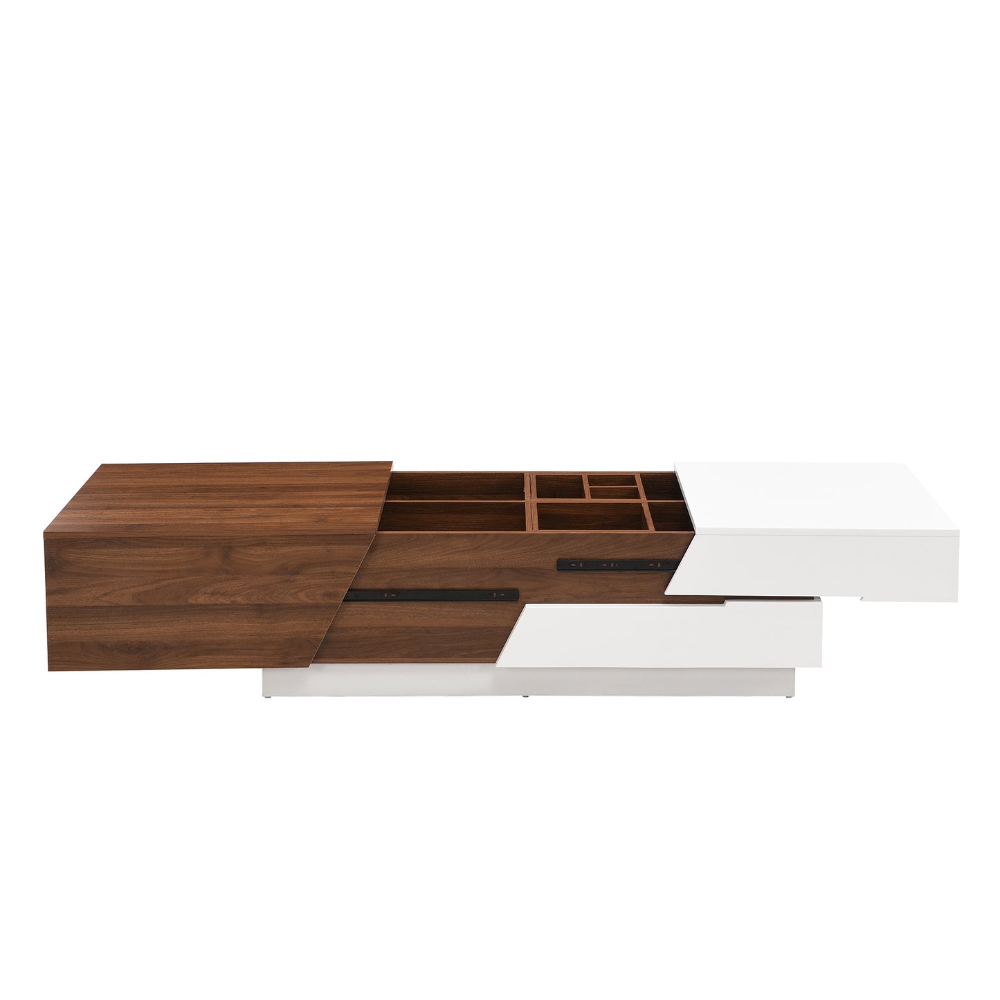 Modern coffee table with walnut veneer and white high gloss finish featuring sliding top and organized compartments