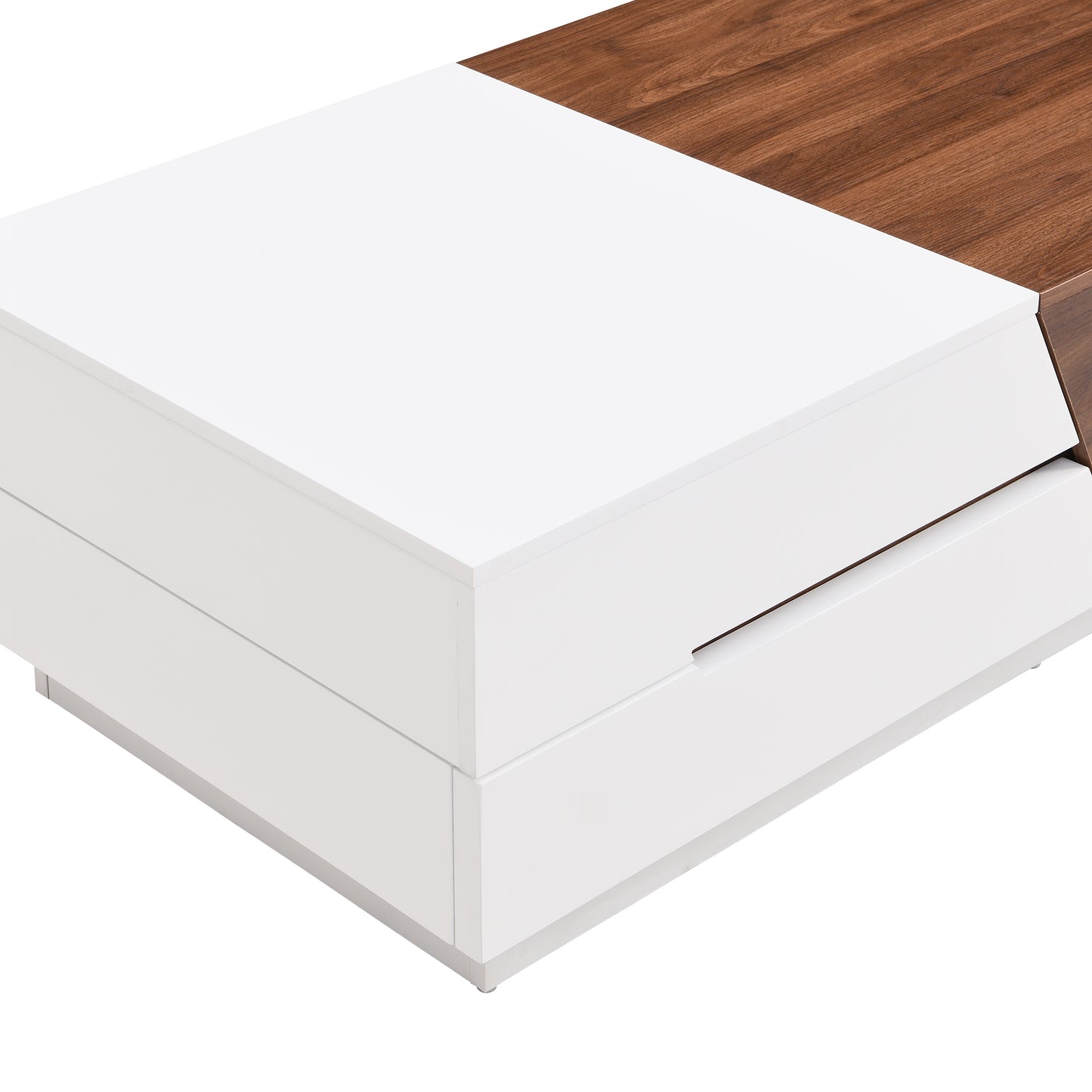 Modern white and walnut wood lifttop coffee table with sleek drawer fronts