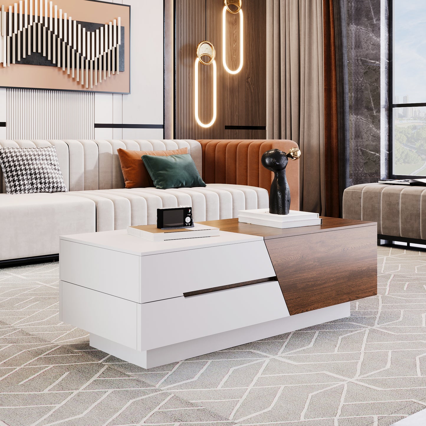 Modern white and wood coffee table with asymmetric design and storage drawers