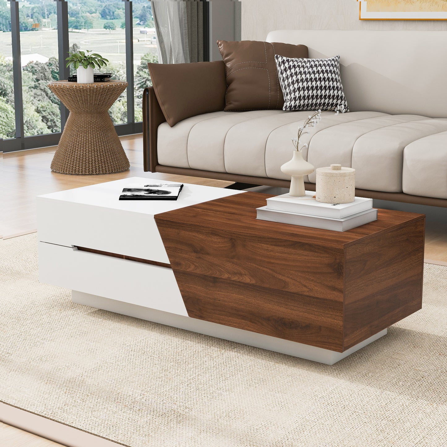 Modern white and walnut nesting coffee table with sleek drawers