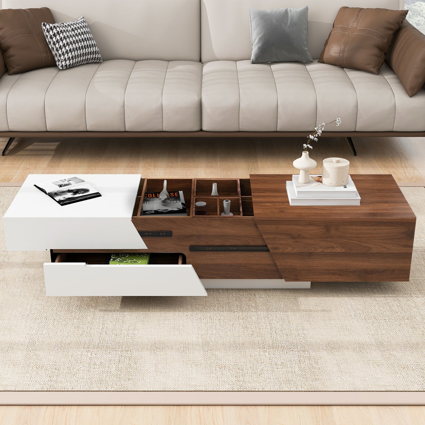 Modern white and walnut coffee table with storage drawers and compartments