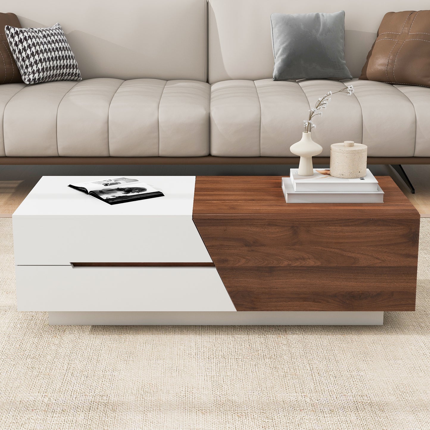 Modern white and walnut coffee table with angled split design