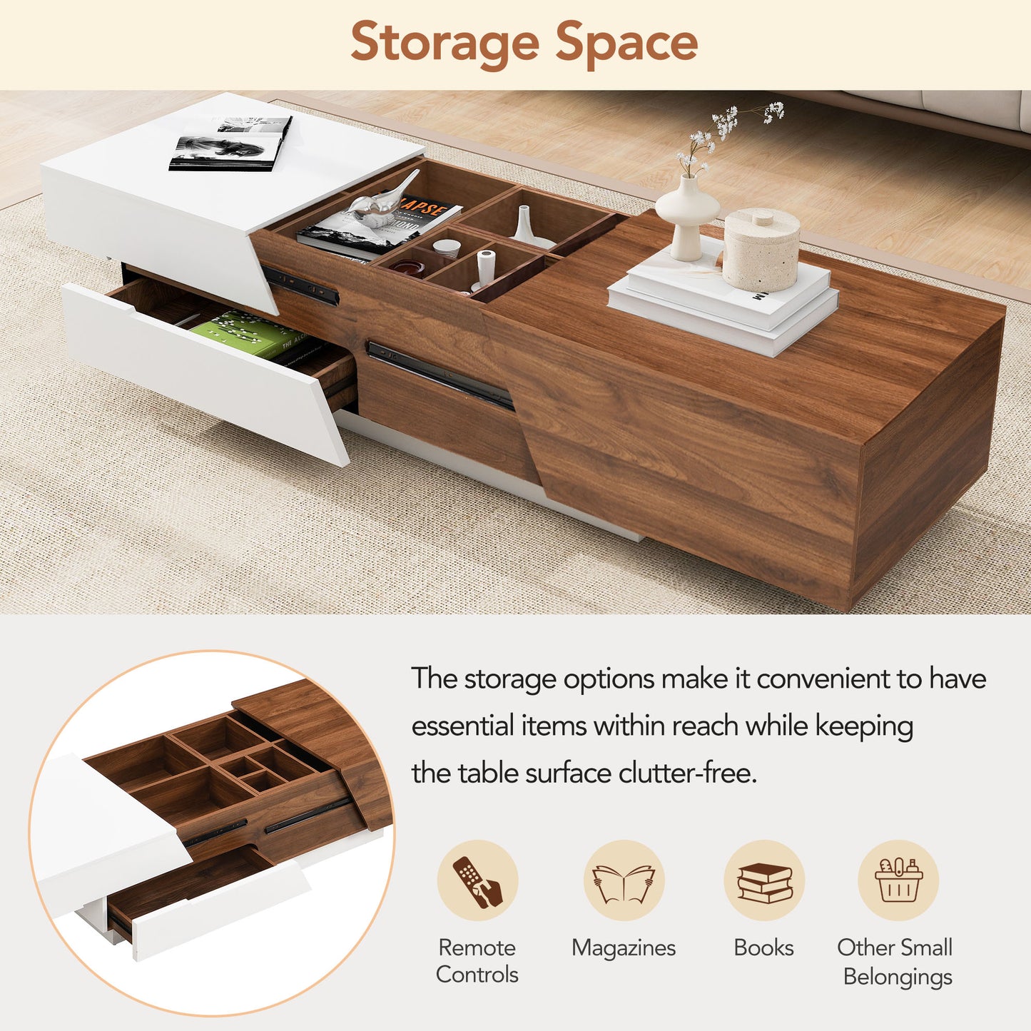 Modern lifttop coffee table with white and walnut finish featuring ample storage compartments