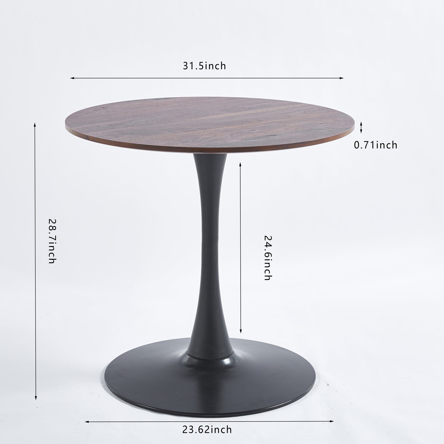 Round walnut veneer tabletop with a matte black pedestal base for dining