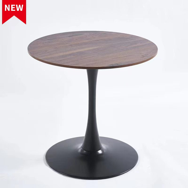 Round walnut wood dining table with black tulip base modern design