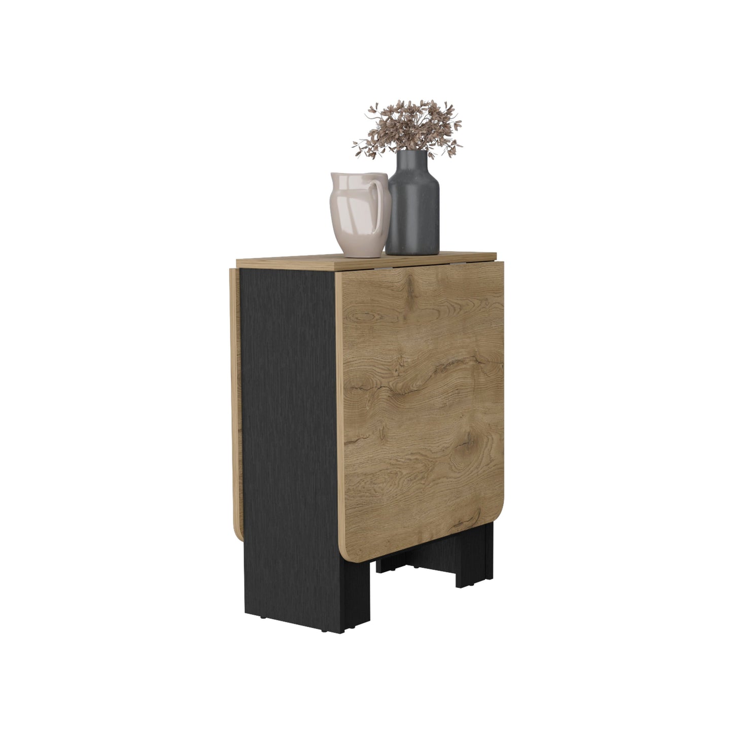 Compact drop leaf dining table with wood grain and dark grey finish