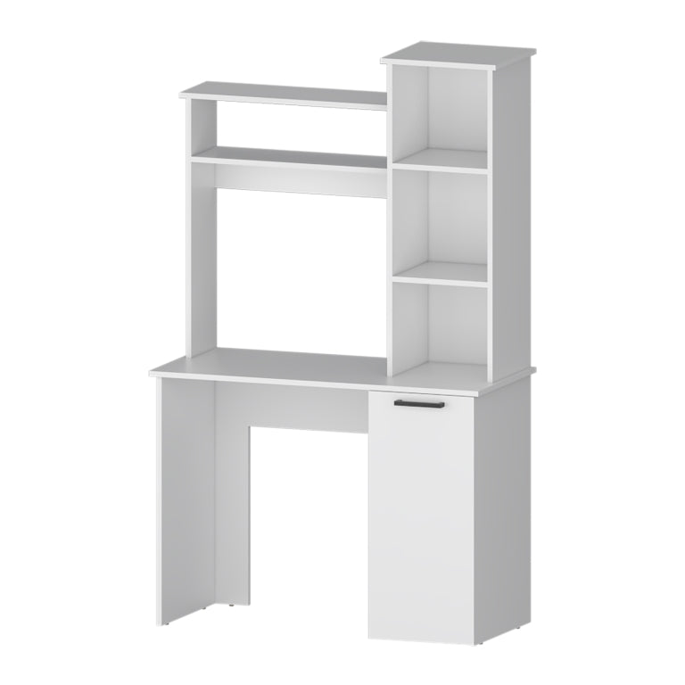 Modern white computer desk with hutch and storage cabinet for home office