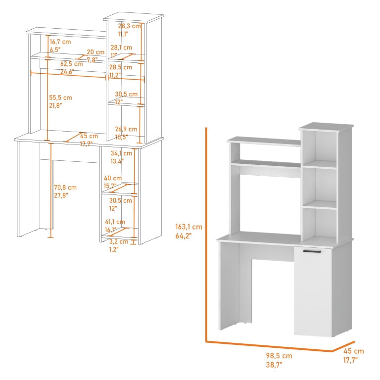 White computer desk with hutch and integrated shelving unit for study cm wide