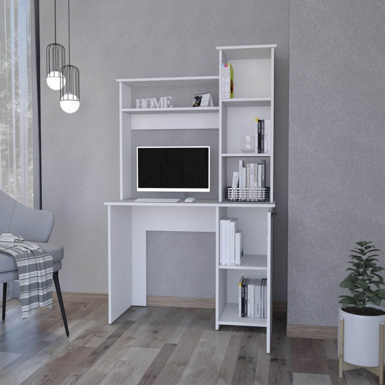 White computer desk with integrated shelving unit perfect for home office setup
