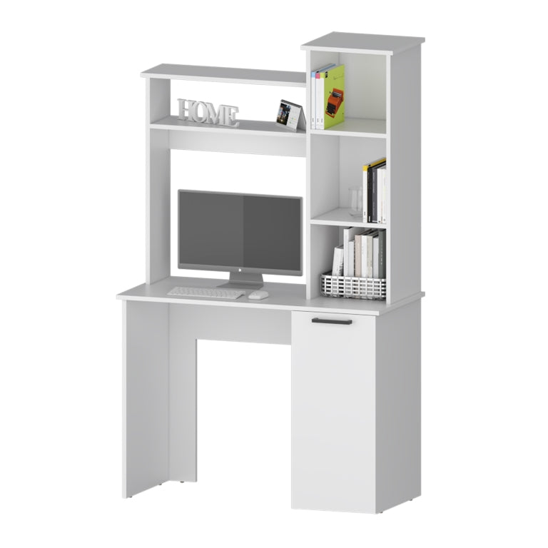 Modern white computer desk with integrated shelving unit and desktop setup