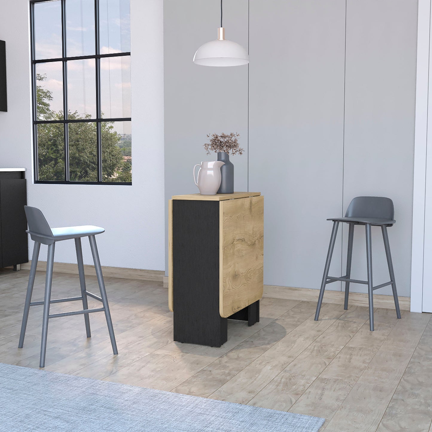 Foldable dining table with light wood finish and dark grey sides