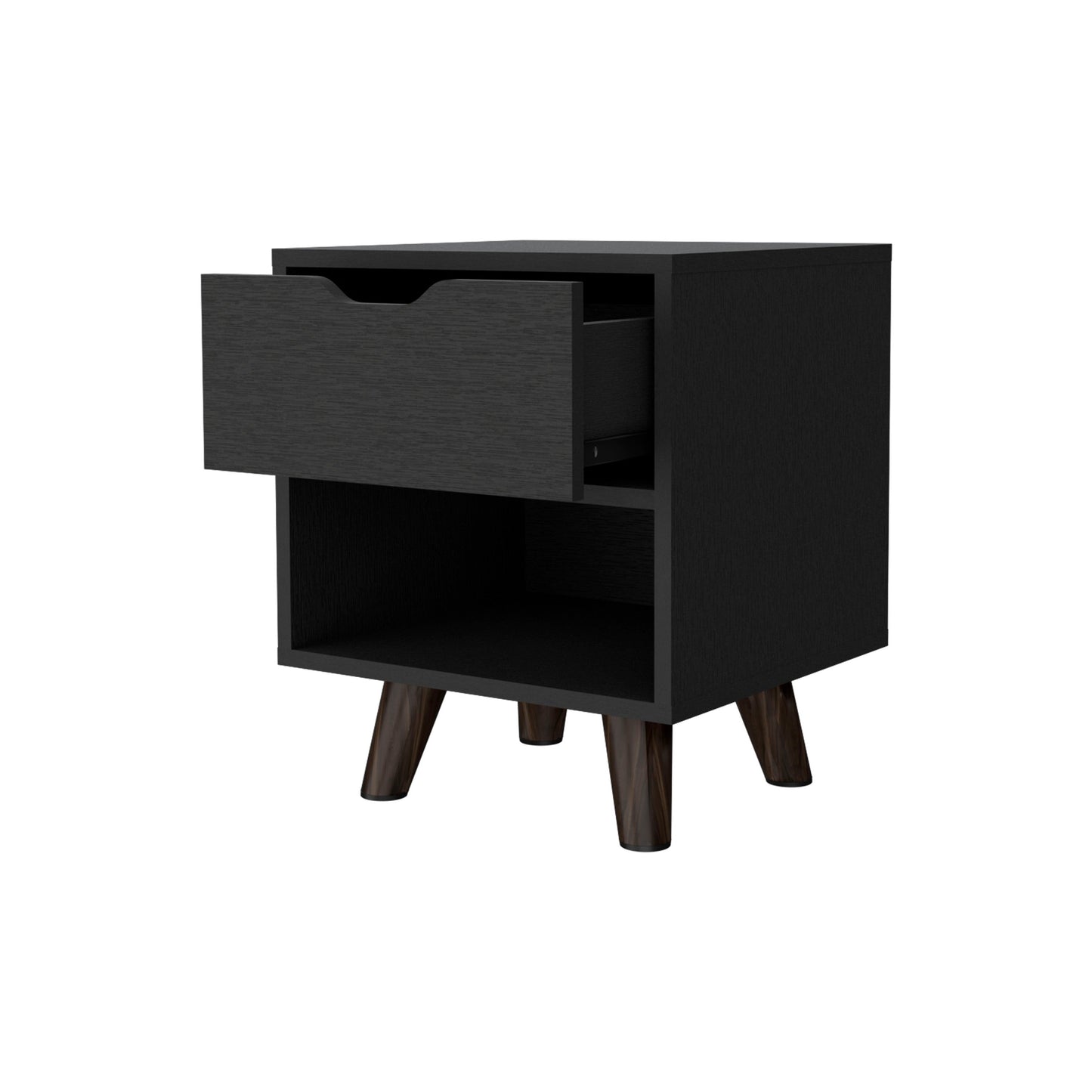 Black modern nightstand with one drawer open and tapered wooden legs