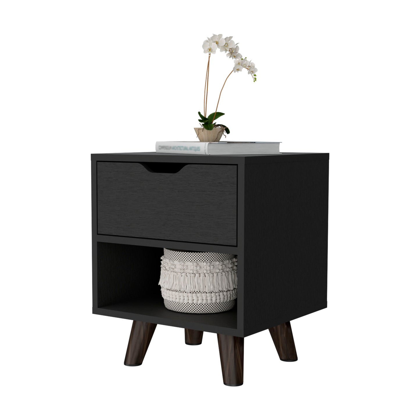Black modern nightstand with one drawer and open shelf ideal for bedrooms
