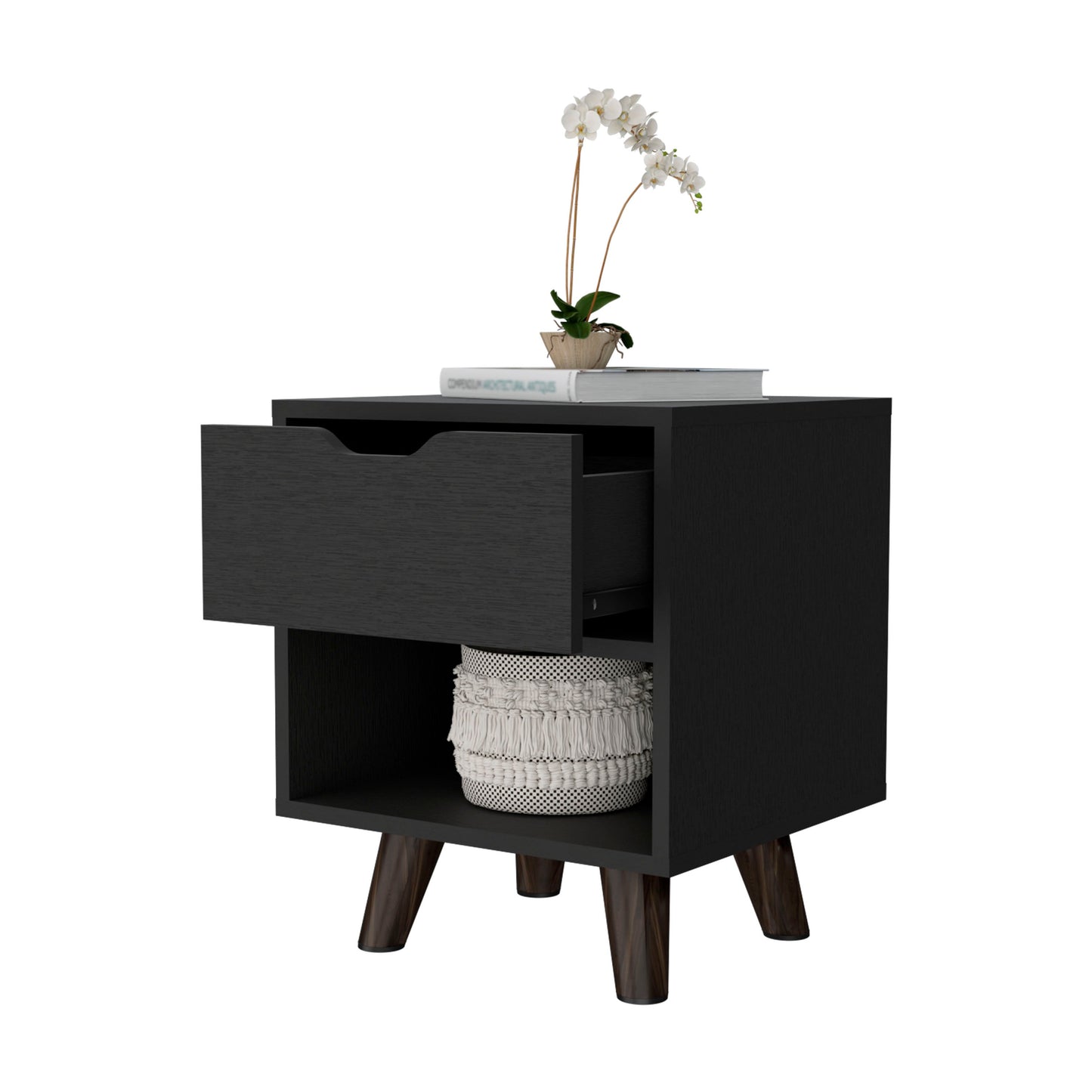 Black oak veneer nightstand with one open drawer and a decorative storage basket inside
