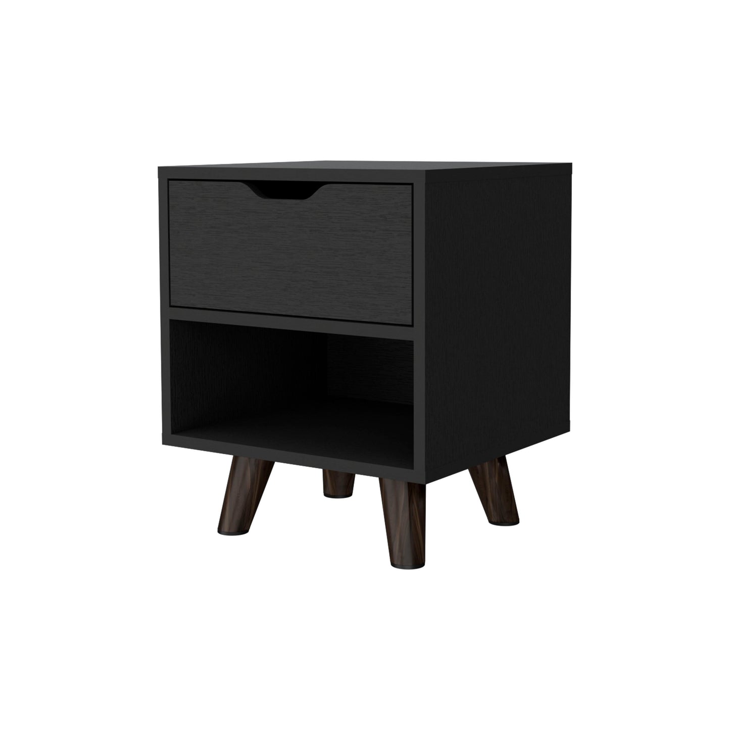 Black wood grain nightstand with tapered legs and one drawer