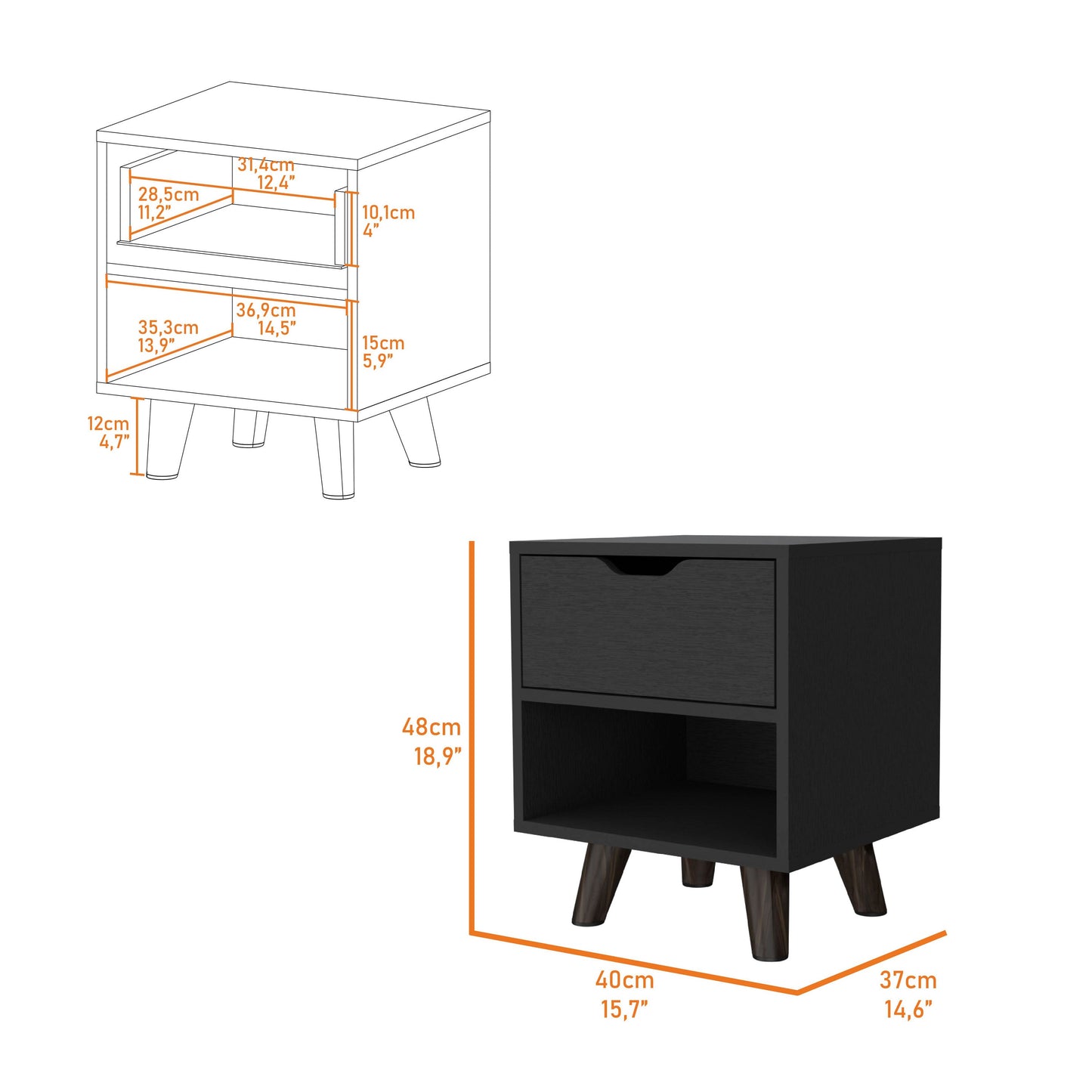 Black wooden bedside table with one drawer and an open shelf cm width