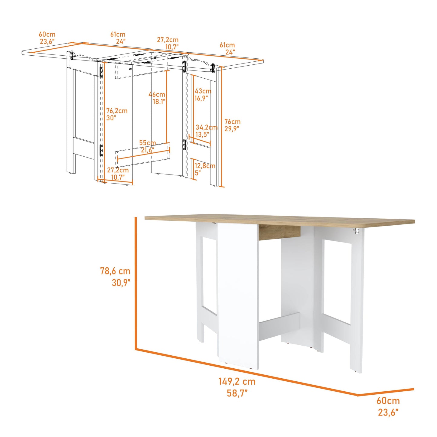 Open white and wood folding dining table with dimensions displayed