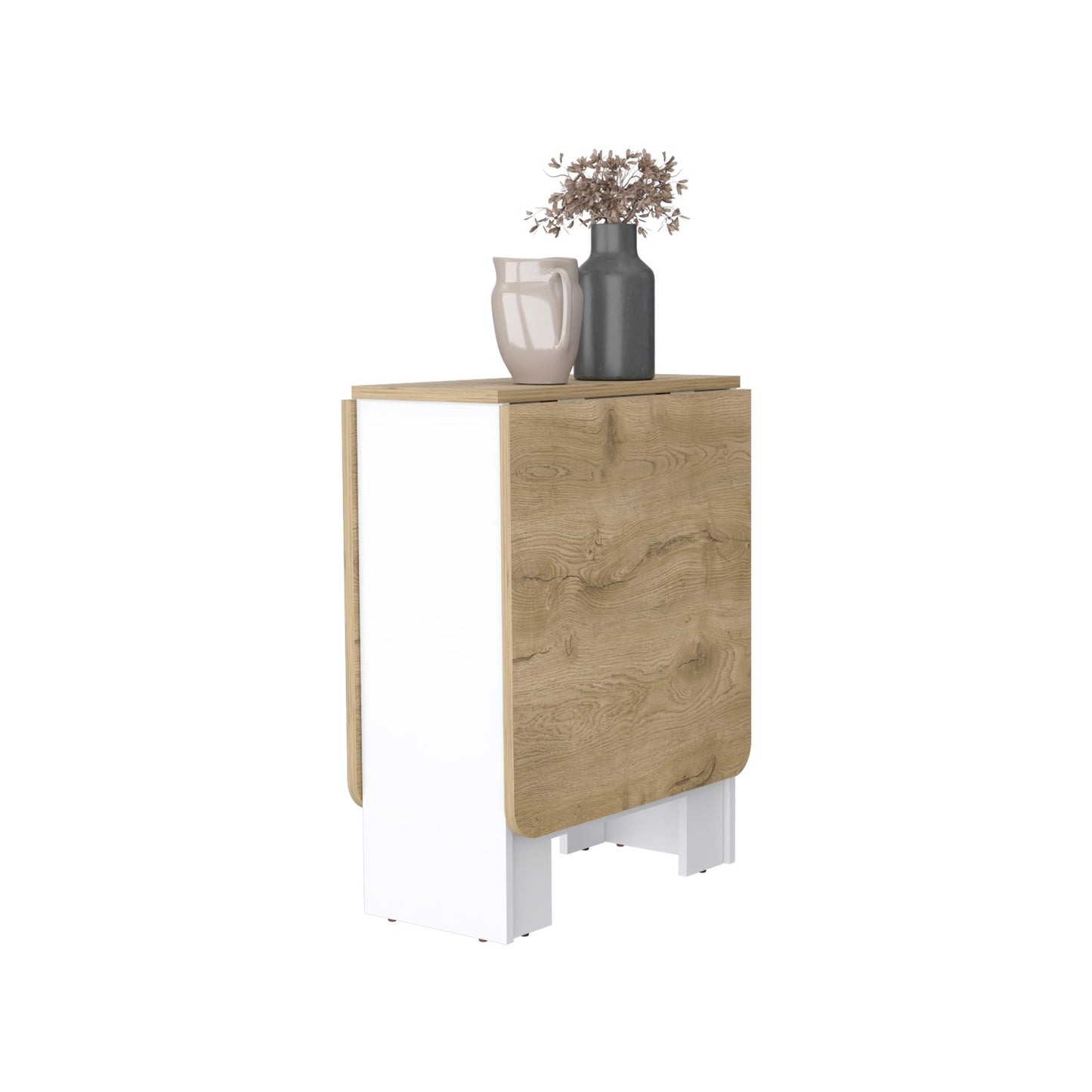 White and oak dropleaf table with two decorative vases on top