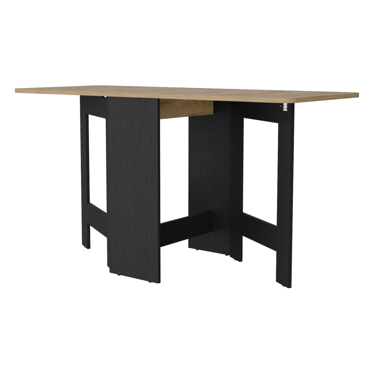 Oak wood drop leaf dining table with black pedestal legs
