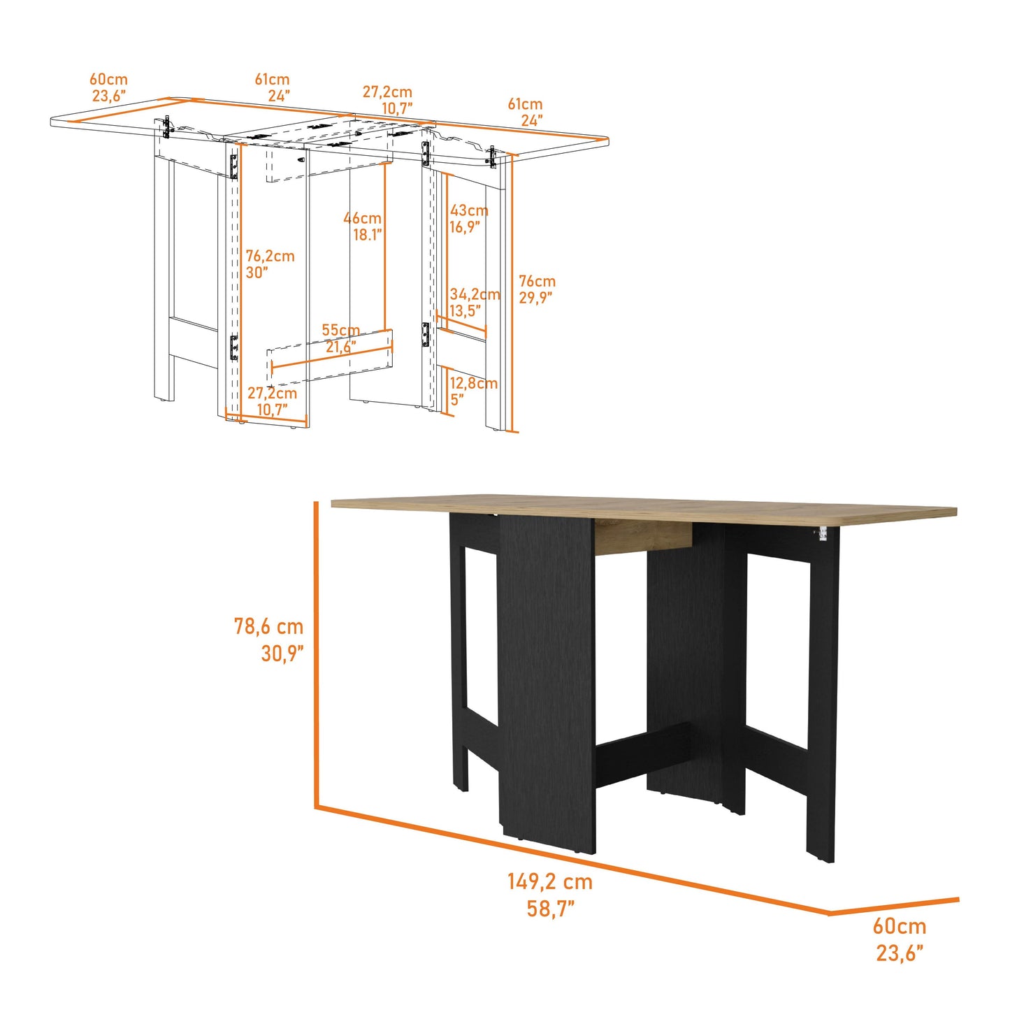 Dropleaf dining table with oak finish tabletop and black base supports