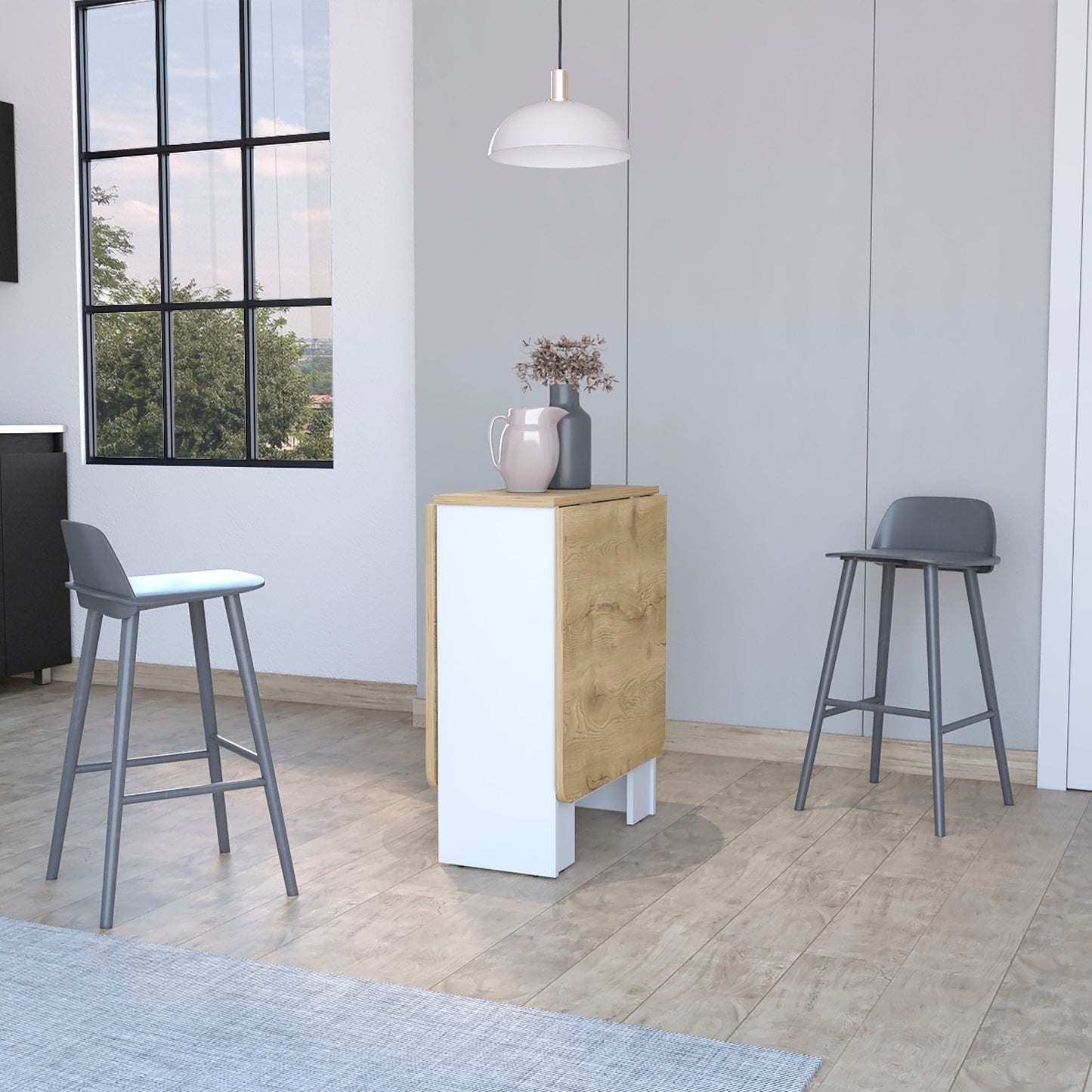 Compact dropleaf dining table with white and wood grain finish ideal for small kitchens