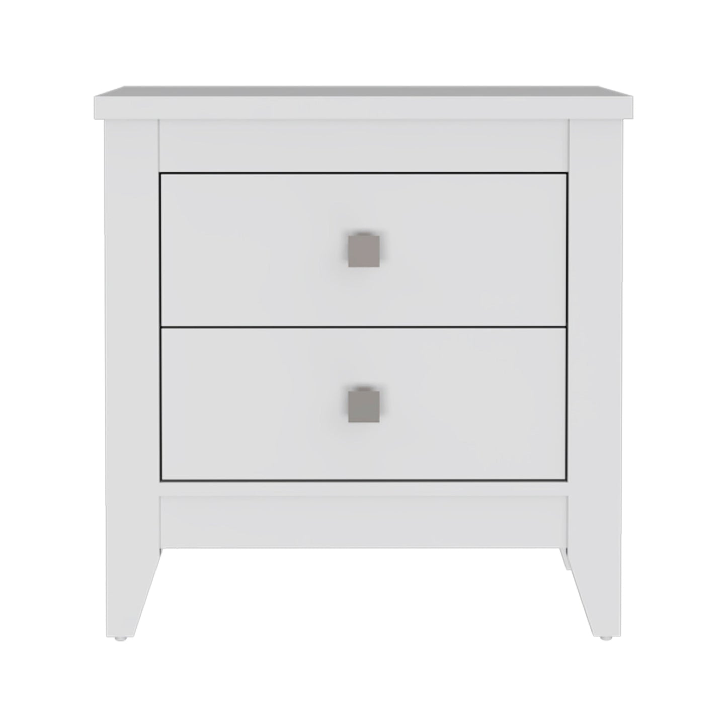 White wooden nightstand with two drawers and silver square knobs
