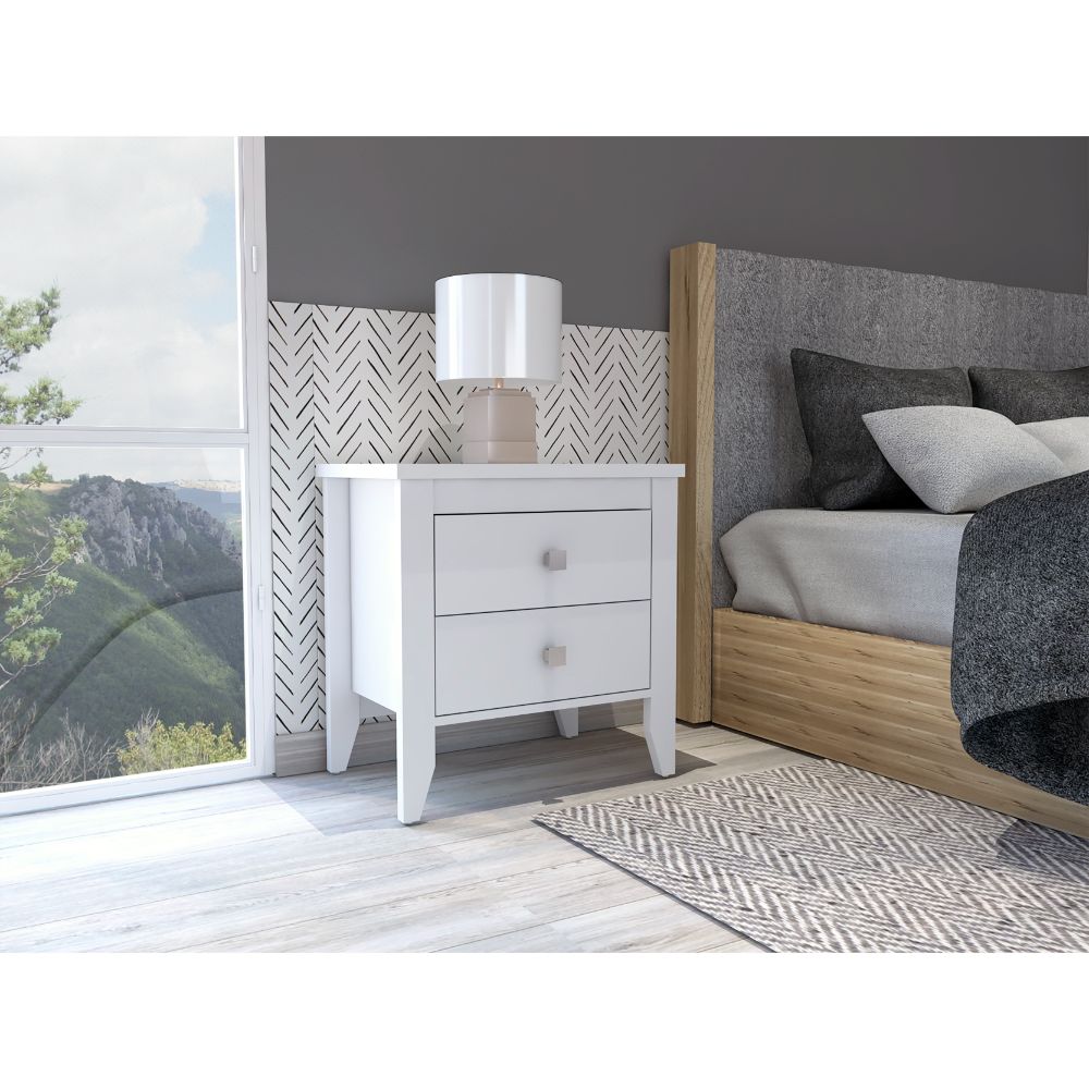 Modern white nightstand with two drawers perfect for bedroom storage