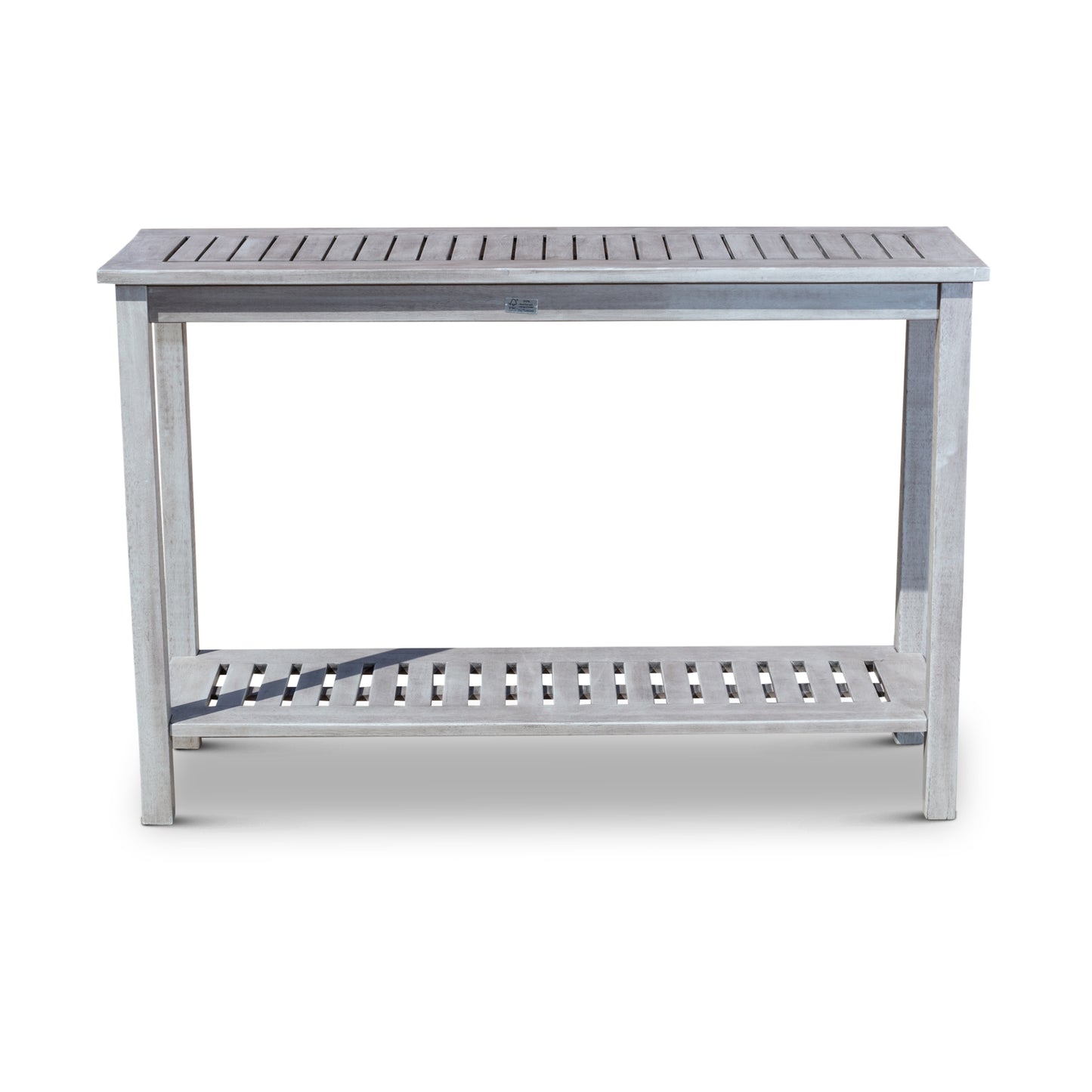 Gray slatted wood console table with lower shelf ideal for entryway decor