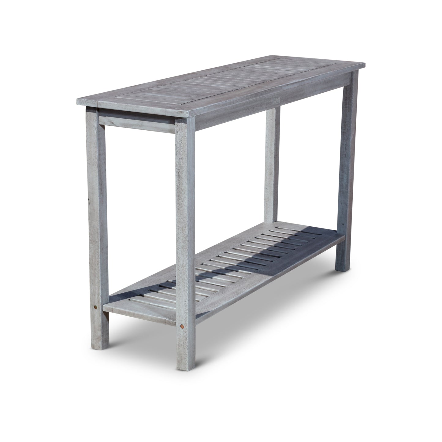 Gray weathered wood console table with slatted top and shelf