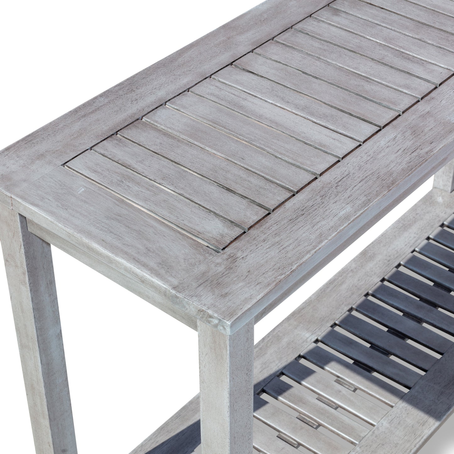 Weathered gray wood console table with slatted top and shelf