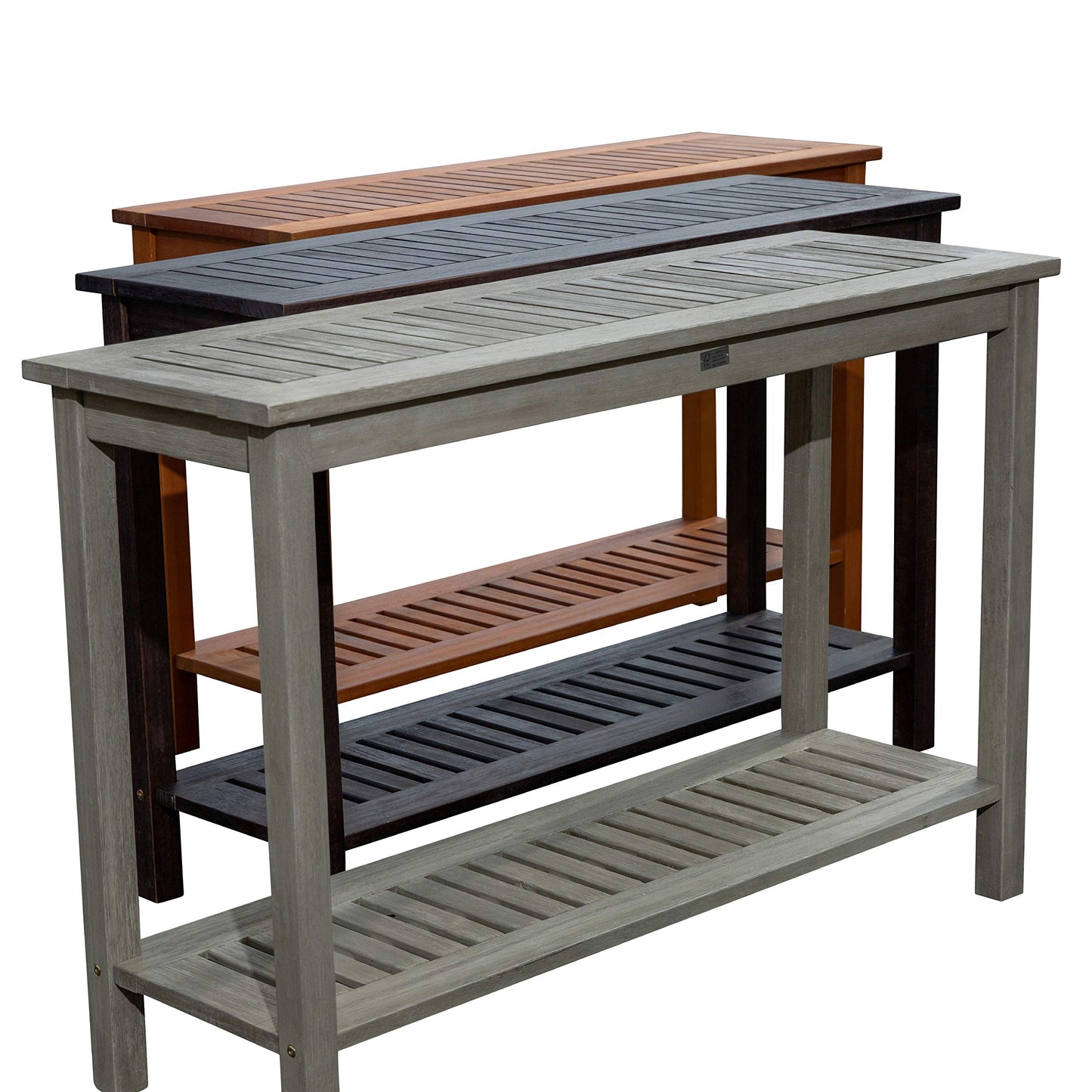Wooden console table with slatted top in weathered grey finish