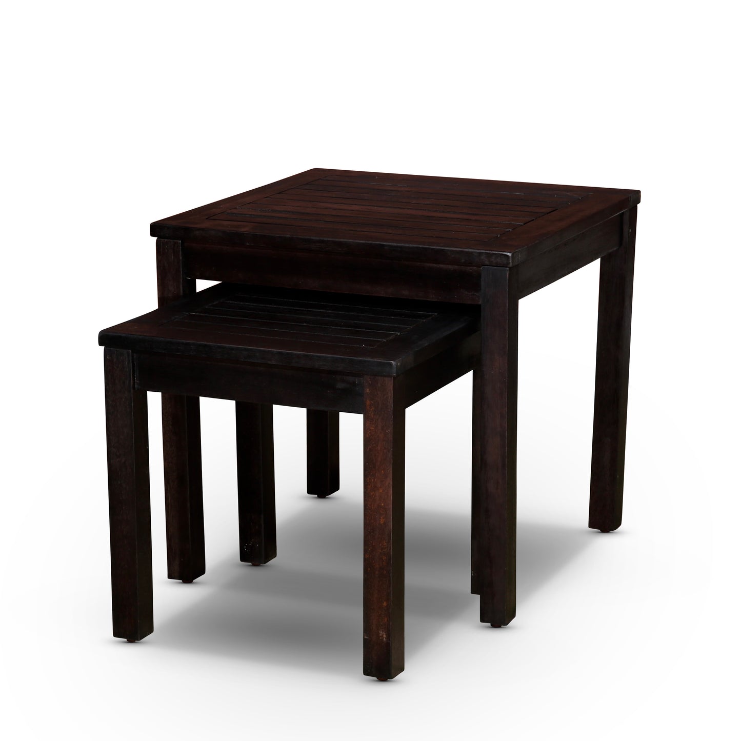 Dark wood nesting tables with slatted tops and clean lines perfect for small spaces