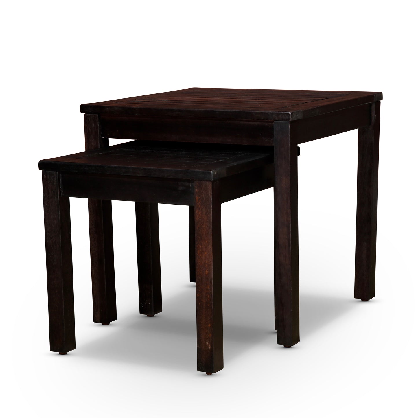 Dark wood nesting tables one tucked under the other