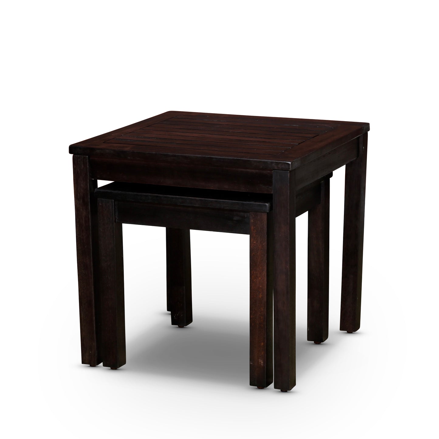 Dark wood nesting tables with slatted tops and sturdy legs for living rooms