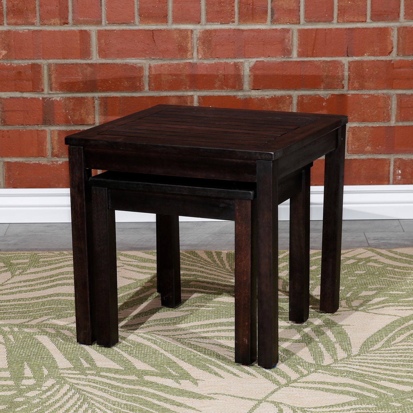 Dark brown wooden nesting tables with slatted tops perfect for living rooms