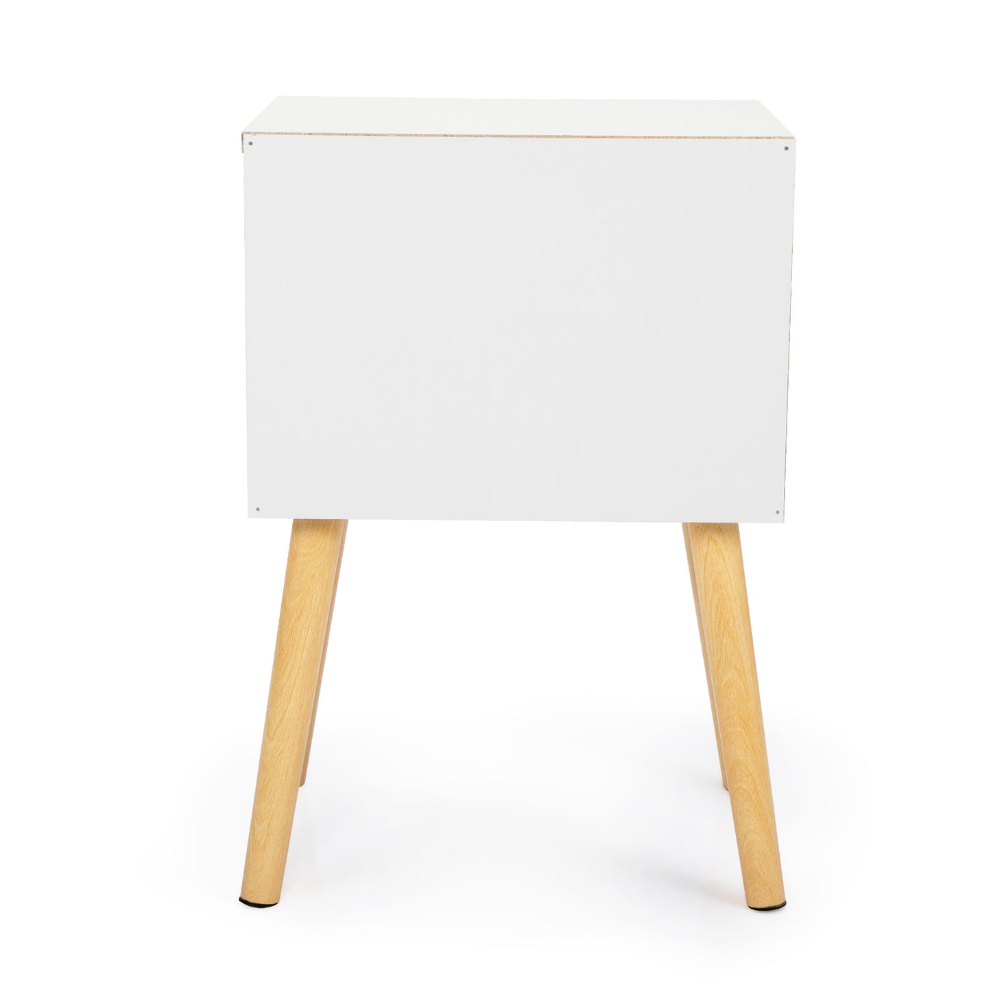 White modern nightstand with tapered wooden legs and minimalist design