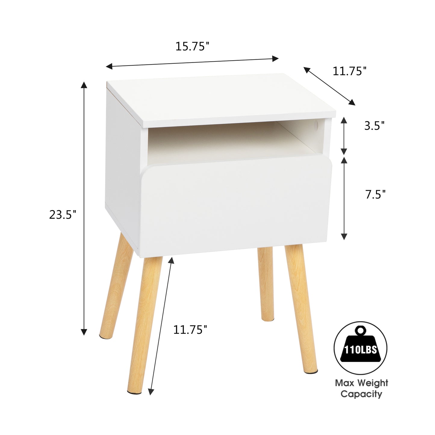 White modern nightstand with tapered wooden legs and a drawer
