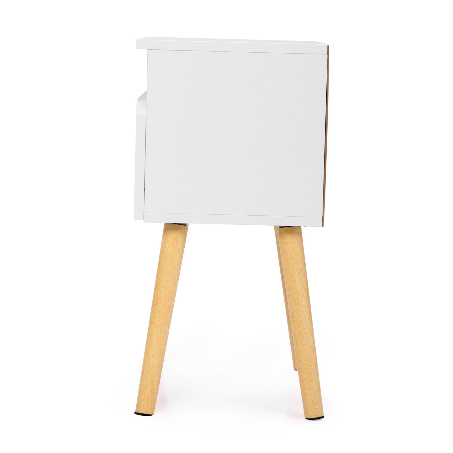 Modern white nightstand with tapered wooden legs and one drawer perfect for bedside storage