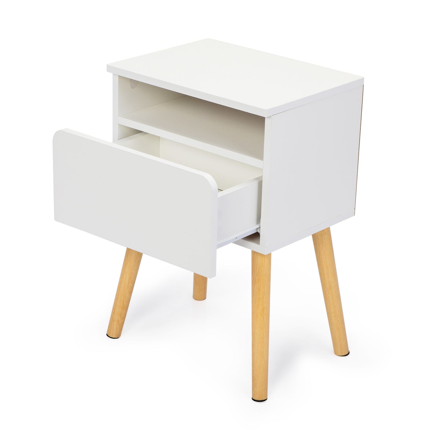 Modern white end table with drawer and tapered wooden legs midcentury style